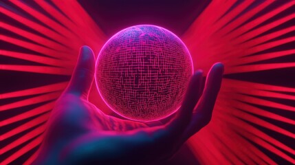 Poster - A glowing sphere is held in a hand, surrounded by vibrant red beams, creating a futuristic and digital atmosphere.