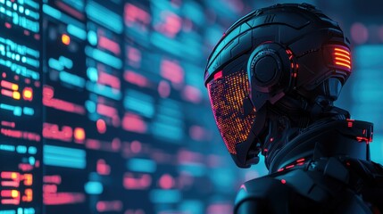 Poster - A futuristic robot with a glowing visor stands against a backdrop of colorful digital data displays, embodying advanced technology and artificial intelligence.