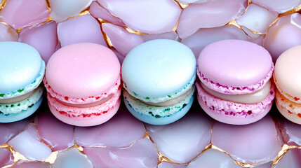 Poster - Colorful macarons arranged neatly over a decorative background, showcasing pastel hues and an appealing dessert aesthetic.