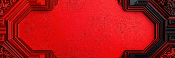 Poster - A vivid red background framed with intricate black patterns, creating a striking visual contrast.