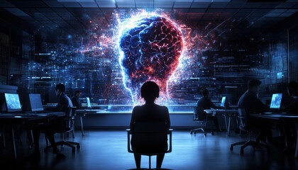 Poster - A captivating scene depicting a dark room filled with monitors, where individuals are immersed in technology, while a vivid digital brain visualization dominates the backdrop