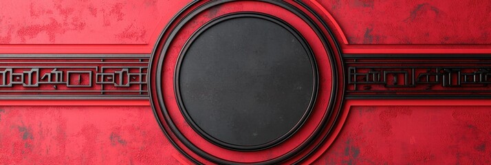 Aufkleber - A striking red background features a circular black center, bordered by intricate designs, creating a bold and artistic visual effect.