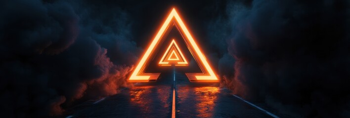 Poster - A neon-lit triangular pathway emerges from a misty background, creating a captivating, otherworldly atmosphere.