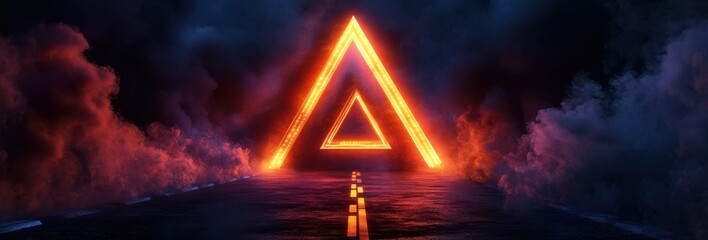 Poster - A glowing orange triangle emerges from dark mist, reflecting on water, creating a mystical atmosphere.
