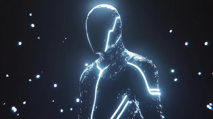 Aufkleber - Glowing humanoid figure with neon lines, dark background, digital art.