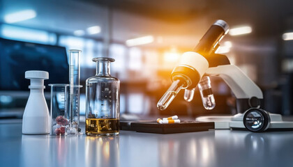Poster - Microscopic view of laboratory equipment and medicine testing setup