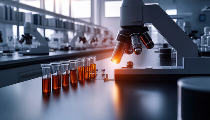 Poster - Microscopic view of laboratory testing with glass vials and equipment