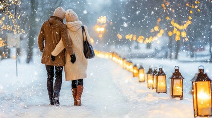 Poster - Cozy embrace of love in a snowy landscape with glowing lanterns romantic evening winter wonderland serene viewpoint heartwarming concept