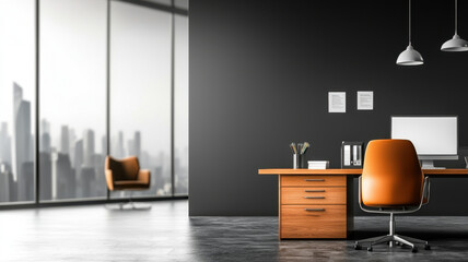 Poster - Modern office with sleek design, featuring wooden desk and city view