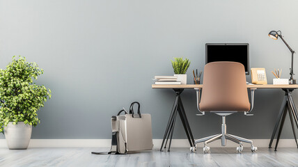 Poster - modern home office featuring minimal design with desk, chair, and plants