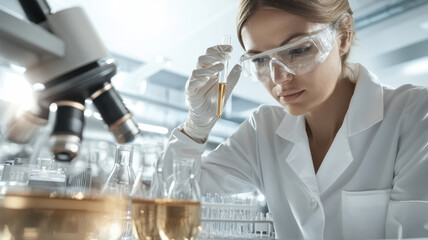 Poster - Conducting tests in biotech lab, researcher analyzes samples carefully