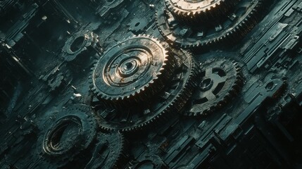 Poster - Intricate Close-Up of Metallic Gears in Dark Industrial Environment
