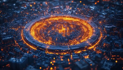 Poster - 3D render of a circular futuristic city with orange and blue lights in the background
