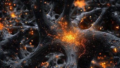 Poster - 3D render of a dark gray nervous system with glowing orange fireworks in the background