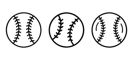 minimalist baseball icon set, a collection of three baseball icons in simple line art style, represe