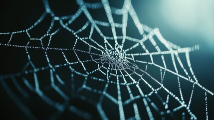 A close-up of a dew-covered spider web glistening in the morning sun, with nature’s intricate details captured in sharp focus