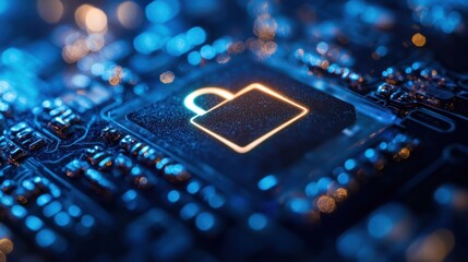 Cyber security concept glowing padlock on circuit board.