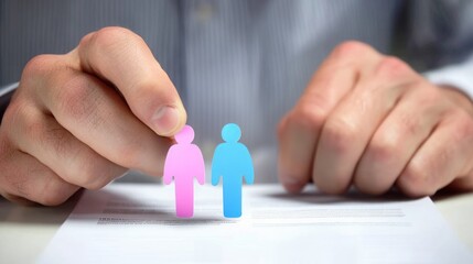 A person holds paper cutouts of a man and woman, symbolizing relationships or family, over a document, suggesting a connection or agreement.