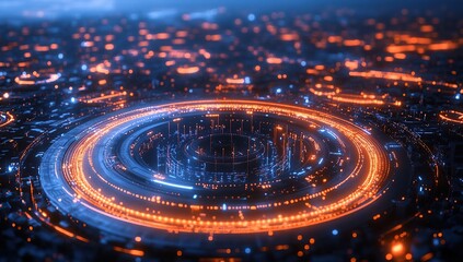 Poster - 3D render of a circular futuristic city with orange and blue lights in the background