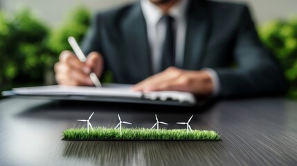Aufkleber - A businessman writes notes beside miniature wind turbines on grass, symbolizing sustainability and eco-friendly practices in business.