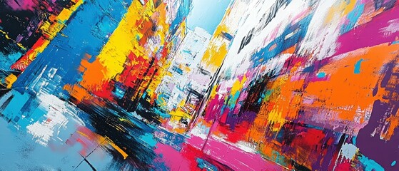 Poster - Vibrant Abstract Cityscape with Dynamic Colors and Expressive Brushstrokes
