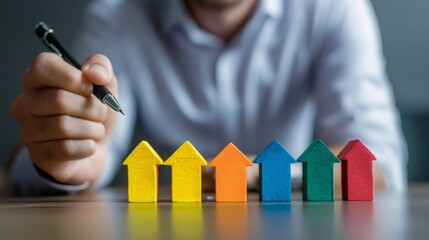 Poster - A person holds a pen and analyzes colorful miniature houses arranged in a row, suggesting themes of real estate or planning.