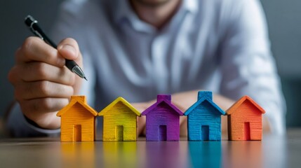 Poster - A person is holding a pen, preparing to make notes beside colorful miniature houses on a table, suggesting themes of real estate, investment, or planning.