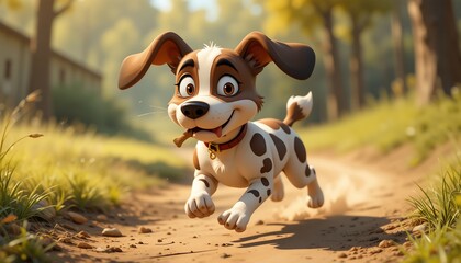 Adorable Cartoon Puppy Running on Sunny Path - Stock Photo