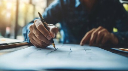 Poster - A close-up of a person drawing or writing on paper, highlighting creativity and design in an inspiring workspace with natural light.