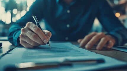 Poster - A person writes on a document with a pen, showcasing focus and productivity in a professional setting.
