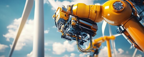 Poster - A close-up of a robotic arm working on a wind turbine, showcasing advanced technology and automation in renewable energy