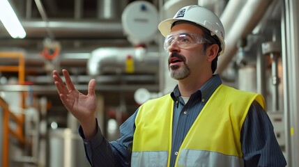 Poster - A confident male worker in a safety helmet and vest discusses operations in a modern industrial setting. His engaging gesture highlights communication and safety in the workplace.
