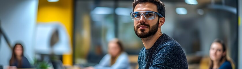 Poster - A focused young man wearing glasses sits in a modern office setting, engaging with colleagues during a meeting. The collaborative atmosphere fosters innovation and productivity.