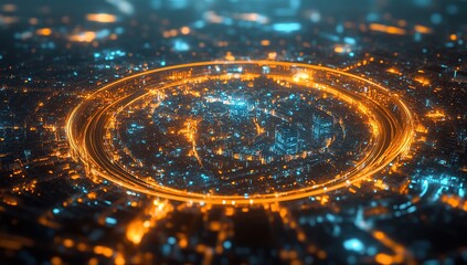 Poster - 3D render of a circular futuristic city with orange and blue lights in the background