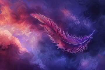 Poster - purple feather floating on a colorful abstract background, creating a dreamy and ethereal atmosphere