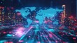 © paisorn - Neon Trade Nexus, a digital world map showcasing financial flows with vibrant neon lines against a futuristic cityscape backdrop