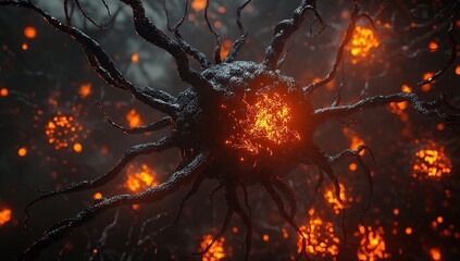 Poster - 3D render of a dark gray nervous system with glowing orange fireworks in the background