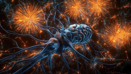 Poster - 3D render of a dark gray nervous system with glowing orange fireworks in the background