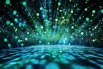 Poster - Glowing particles falling on reflective surface creating stunning visual effect, copy space