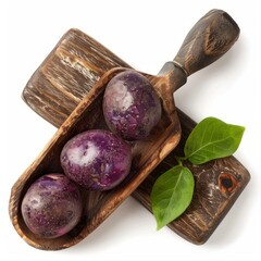 Poster - three vibrant purple potatoes sit in a wooden scoop atop a rustic wooden surface, accompanied by fre