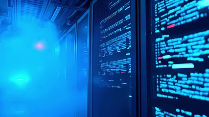 A data center with illuminated server racks and digital displays amidst fog.