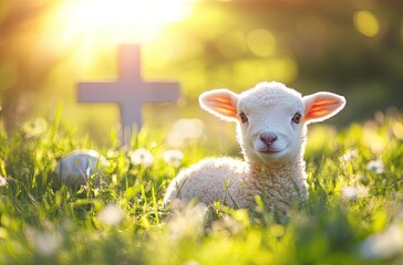 Poster - Cute lamb in the grass with a cross in the background, an Easter concept.