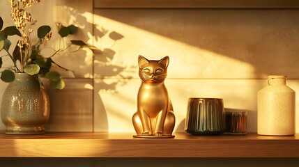 a golden cat figurine sitting gracefully on a wooden shelf, surrounded by minimalistic decor