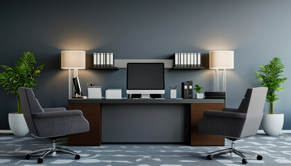 Poster - Sophisticated office space featuring sky blue walls and modern furniture