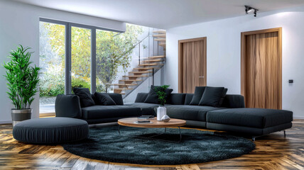 Wall Mural - Spacious living room with sleek furniture, vivid lighting, and greenery