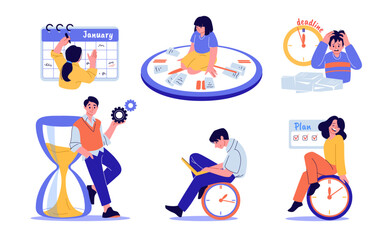 Poster - Time management. Clock, calendar and work schedule, business people characters on appointment. Office organize. Men and women planning, timer and hourglass. Vector cartoon flat illustration