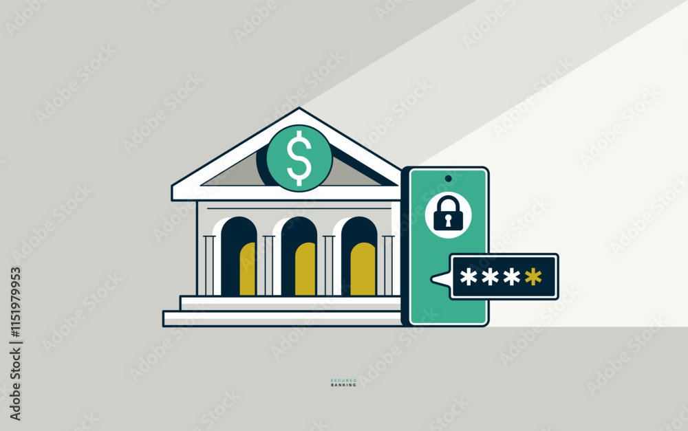 Verification Bank Design Secured banking concept poster, bank building with phone and code ...