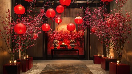 Sticker - A dramatic display of red lanterns and cherry blossom branches, creating a traditional festive ambiance