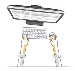 Fototapete - Office worker or entrepreneur businessman working on a PC computer, top view of workspace desk with human hands, overhead look. Vector illustration.
