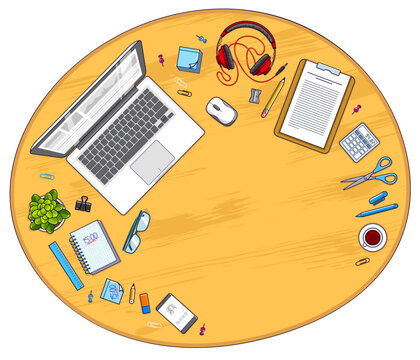 Wooden office desk workspace top view with PC notebook and diverse stationery objects for work with copy space for text. All elements are easy to use separately or recompose illustration. Vector.